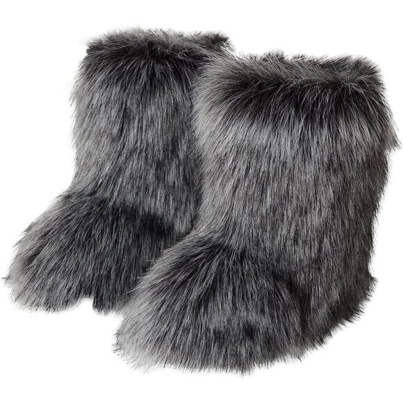 Womens Winter Snow Boots Knee High Faux Fur Lined Flat Heel Dark Gray Warm Shoes